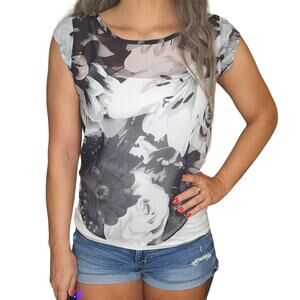 American Eagle Shirt Womens Small Black White Light Pink Floral Chiffon Blouse